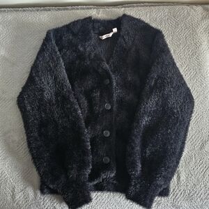 La Vie En Rose Black Fuzzy Button Cardigan Size Small